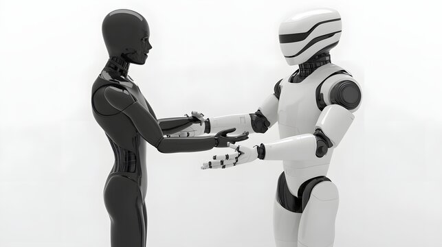 3D render of two sleek, white and black robots shaking hands in a formal gesture.