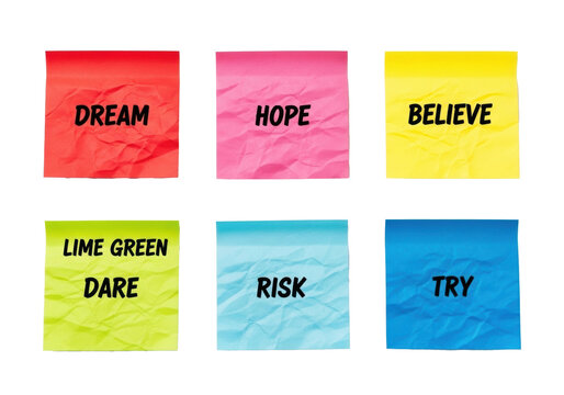 Six crumpled, vibrant sticky notes with motivational words, arranged in a 2x3 grid, top-down on a white background with studio light. Concept of motivation and inspiration