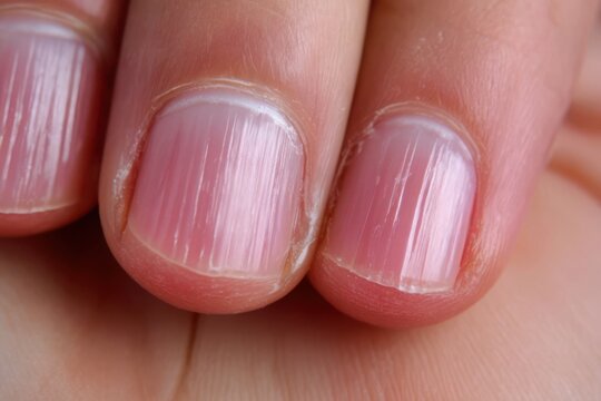 Close-up of Fingers with Brittle Nails Showing Onychorrhexis - Medical Image, Dermatology, Nail Disorder, Detailed View, Skin Health