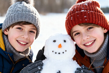 Joyful kids building snowman together in winter wonderland