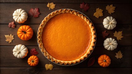 Overhead view of a delicious pumpkin pie surrounded by mini pumpkins and autumn leaves on a wooden table