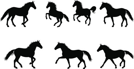 Silhouette of running horses, wild horse vector, galloping stallion clipart, equine animal icons, black silhouette art, mustang symbol, isolated on white background