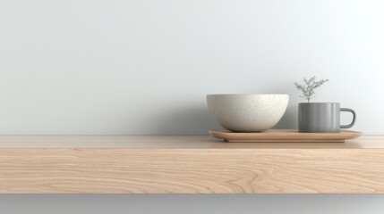 Minimalistic wooden shelf with ceramic bowl, modern cup, and small plant in contemporary interior design setting