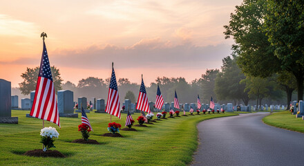 Row of American flags and colorful flowers line cemetery path at sunrise, honoring veterans with peaceful, respectful, and patriotic atmosphere, surrounded by green grass and gravestones