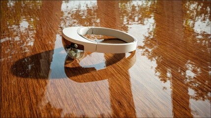 Modern smart glasses resting on a reflective wooden table with natural light creating a beautiful ambiance in the background