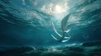 Ethereal Sailing Vessel Gliding Through the Depths of a Serene Ocean Under a Dreamy Sky with Rays of Sunlight