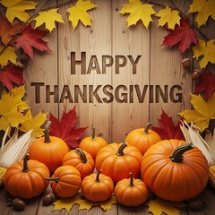 Happy Thanksgiving with Pumpkins and Autumn Leaves on Wooden Background.