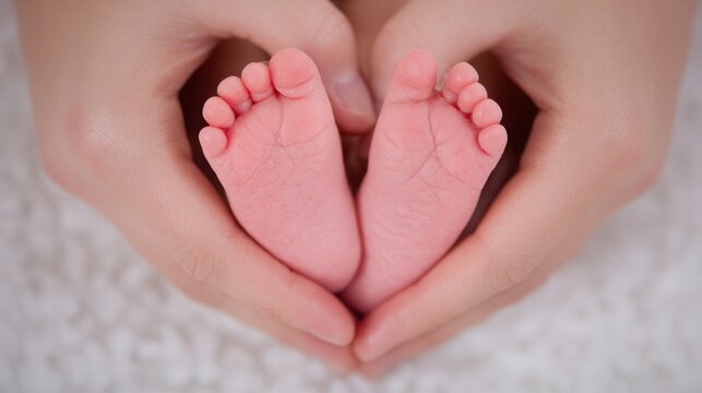 Tender Newborn Baby's Feet Held in Father's Hands - Heart Shape, New Life, Love and Protection, Family Photo - Powered by Adobe