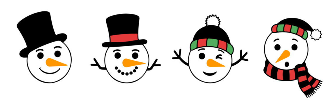 Cute snowman faces collection. Snowman heads. Happy Snowman.
