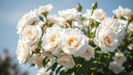 Close-up of white bush roses in full bloom against a soft blue sky, embodying spring garden beauty.