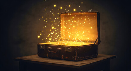 Magical Glowing Light and Sparkles Coming Out of an Open Vintage Suitcase on a Wooden Table