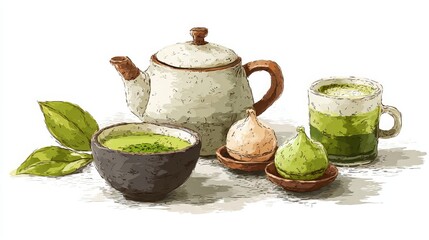 A hand-drawn illustration depicts a Japanese matcha tea set.  The image features a teapot, cups, matcha latte, leaves, powder, and desserts