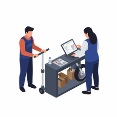 Isometric Detailed Scooter Repair Service with Technician and Laptop Illustration