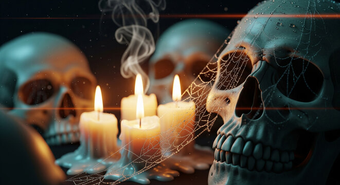 Skull candle cobweb wax smoke spooky dark horror Halloween eerie create chilling atmosphere with melted wax candles human skulls and spider webs perfect for haunted settings