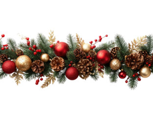 Festive Christmas garland with pine cones red baubles and evergreen branches.