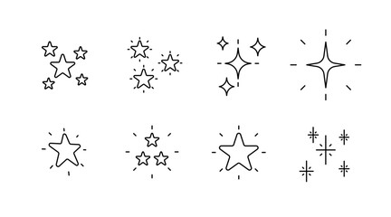 Stars and sparkles outline icons set – minimal, linear, celestial symbols