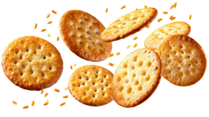 Flying round crackers falling in motion crunchy golden baked salty snack food pieces scattered isolated on white background
