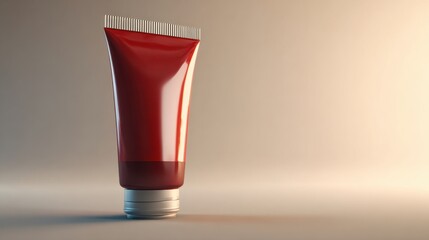 Glossy Red Cosmetic Tube on Smooth Surface with Soft Lighting for Beauty and Skincare Products