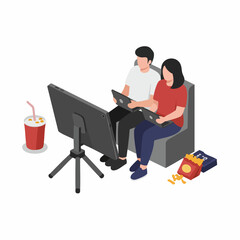 Isometric People Watching Movie Using Laptop Sitting in Chair Illustration