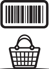 Digital Shopping Symbol: A minimalist representation of retail transactions. The barcode scans and the shopping basket symbolize the ease and efficiency of online shopping and retail experiences.
