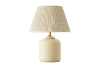 Elegant cream table lamp with pleated shade on white background, cut out