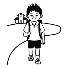 Happy young boy with a backpack walking on a path towards a school building symbolizing education and the start of a new school day adventure