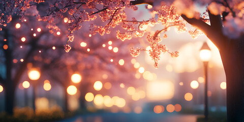 Magical Cherry Blossom Trees with Sparkling Light in Spring
