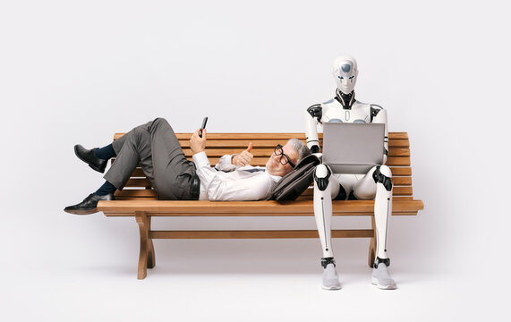 Businessman resting on a bench while an AI robot is doing his job