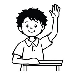 A happy young boy with messy black hair and a bright smile raises his hand enthusiastically while sitting at a school desk eager to answer a question