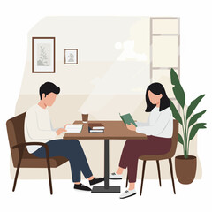 Modern Flat Style Couple Relaxing at Coffee Shop Illustration