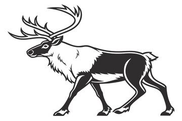 Illustration of a reindeer in black and white walking with large antlers in a side profile view | svg ,png & jpeg