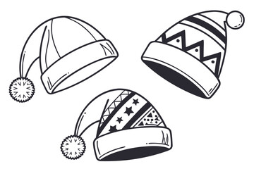 Three doodle style christmas hats with different patterns and pom poms in black and white illustration | svg ,png & jpeg