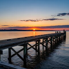 Obraz premium A wooden pier extends into a calm body of water at sunrise, showcasing a peaceful and serene atmosphere.