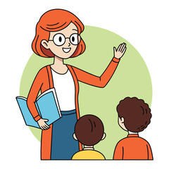 Friendly female teacher with red hair and glasses holding a book and gesturing while teaching two young students in a classroom setting with a green circle background