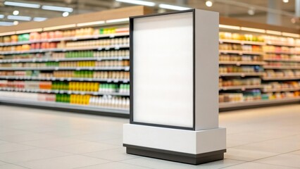A promotional stand in a store with an empty layout for branding and design. The background with shelves and products adds realism. Ideal for marketing and presentations.
