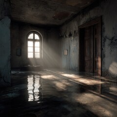 Fototapeta premium Abandoned room with sunlight filtering through window, water on floor, peeling paint, and shadowy atmosphere inside an old building