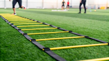 A low angle shot shows a training ladder on artificial turf. Athletes in a blurred background emphasize the sporty atmosphere. Fitness and training theme.