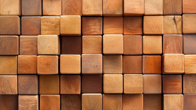 Wood block square pattern with brown natural smooth texture, abstract geometric arrangement, seamless background material surface construction design