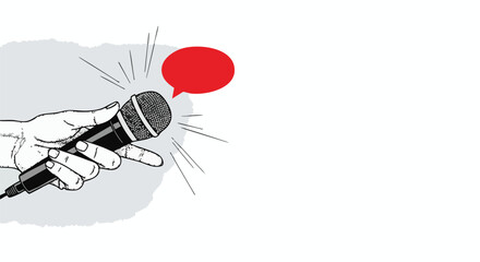 A hand holding a microphone with a red speech bubble above it, suggesting a spoken word or announcement.