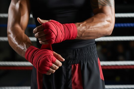 Boxer Wrapping Hands with Red Wraps Before a Fight in the Boxing Ring Ready for Action and Competition Showing Strength and Determination in Preparing for the Match - Powered by Adobe