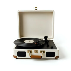 Fototapeta premium Portable record player in a minimalist white design with the lid open, showcasing a vinyl record and tonearm, perfect for music enthusiasts