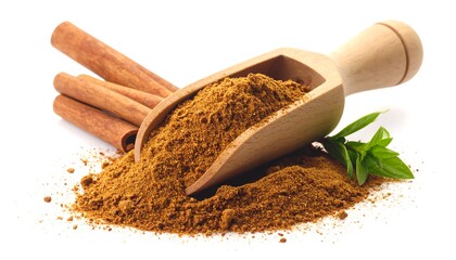 Cinnamon sticks and powder in a wooden scoop