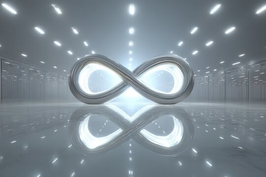 Futuristic data center with a radiant infinity symbol, technology concept - Powered by Adobe