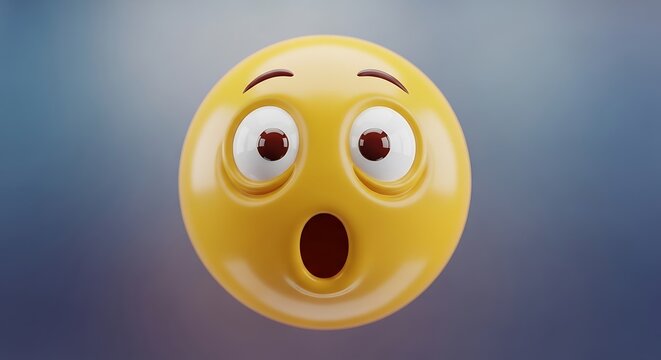 A vibrant yellow emoji face with wide, expressive eyes and an open-mouthed expression conveys a feeling of surprise or astonishment against a soft, muted background.