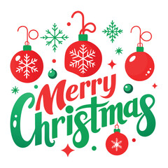 Festive merry christmas greeting with red and green ornaments snowflakes and sparkling elements on a white background creating a joyful holiday celebration design