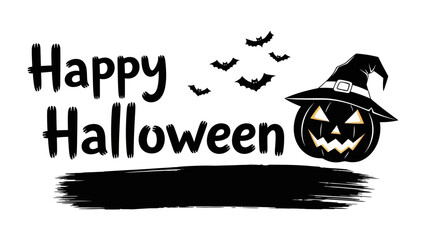 Spooky Halloween Greeting: A chilling Happy Halloween greeting is adorned with a carved pumpkin sporting a witch's hat and fluttering bats, set against an ominous backdrop.