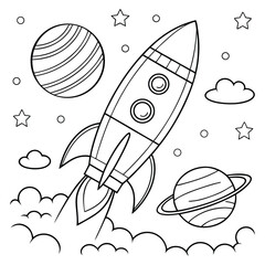 Whimsical hand drawn outline illustration of a cartoon rocket ship soaring through a starry sky with planets and fluffy clouds perfect for children s coloring pages or space themed designs