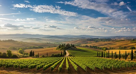 Fototapeta premium Rolling Tuscan vineyards bathed in golden light with a classic villa on the hill