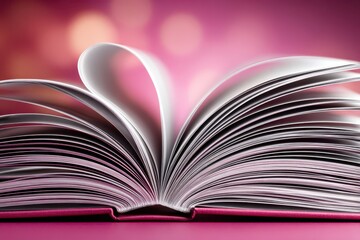 Naklejka premium An open book with pages fanned into a heart shape, vivid pink bokeh.