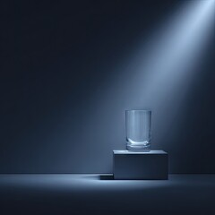 A clear glass tumbler stands on a simple, elevated platform against a dark backdrop, illuminated by a spotlight.